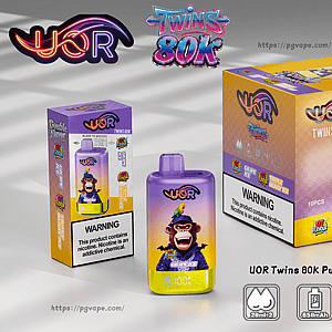 UOR Twins 80K disposable vape set: purple-to-yellow bottle and two colorful boxes with cartoon characters and UOR branding.