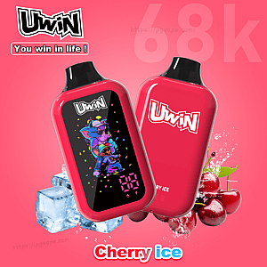 Two red Uwin pod devices with Cherry Ice flavor, one showing a colorful cartoon on its screen, with ice cubes and cherries.