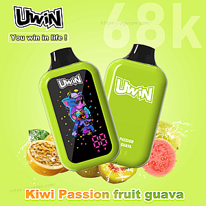 Two lime-green Uwin vape bottles, one with colorful art and the other with the Uwin logo, set against a lime background for Kiwi passion fruit guava.