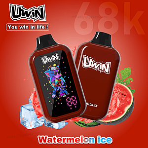 Two red Uwin bottles with black caps, one featuring a cartoon design; watermelon ice imagery and Watermelon ice flavor.