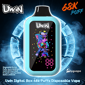 Turquoise Uwin disposable vape with a black screen showing a neon colorful cartoon cat and confetti, 68k puffs.