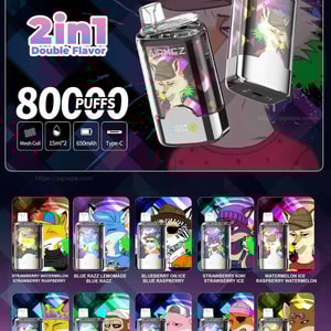 Promotional poster for AiRMEZ 2-in-1 disposable vape featuring two glossy pod devices with colorful anthropomorphic animal artwork, prominent 