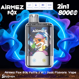 Silver rektangulär Airmez Fox 2-i-1 vape-enhet med en färgglad tecknad rävgrafik på framsidan, glödande LED-ikoner vid basen, omgiven av virvlande blå och lila rök och produktetiketter inklusive mesh-spole, 15 ml×2, 650mAh, Type-C och '2in1 8000 Puffs' text.