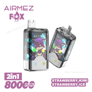 Two clear-cased Airmez Fox 2-in-1 vape devices displaying a stylized purple fox wearing a beanie and goggles against a colorful paint-splash background, with branding and labels showing 