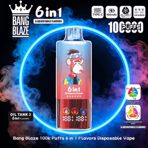 Red-and-silver disposable vape device labeled "6 in1 Strawberry Mamba" with a cartoon monkey illustration, centered inside a glowing blue neon ring against swirling blue and purple smoke, with text and icons noting 100k puffs, Type-C charging, 850mAh battery and 6 adjustable flavors.