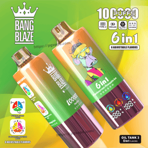 Two metallic gradient disposable vape devices labeled Bang Blaze and 6 in 1—one showing a colorful cartoon ape wearing sunglasses—set against a bright green-yellow background with flavor icons and product specification graphics.
