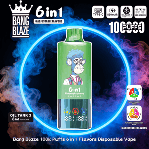 Poster-style image of a green 'Bang Blaze' 6-in-1 disposable vape device with a cartoon blue-haired ape on the label reading '6in1 Blueberry Raspberry', centered inside a glowing blue neon ring with colorful smoke and small icons indicating Type-C charging, 850mAh battery, oil-tank 3 with six flavors and flavor-combination controls.