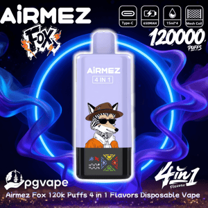 Lila AiRMEZ 4-i-1 engångsvape med en tecknad räv i hatt och solglasögon på enhetens framsida, visad mot en neonblå ring och lila rök med texten '120000 puffar' plus ikoner för Type-C, 650mAh, 15ml×4 och mesh-spolen och pgvape-logotypen.