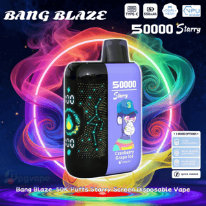 Centered Bang Blaze 50000 Starry disposable vape with a glossy black front displaying animated starry LED graphics and a purple side panel featuring a cartoon monkey and 'Cranberry Grape Ice' label, set against swirling rainbow smoke and icons noting Type-C, 550mAh, dual mesh, 50,000 puffs and three mode options.