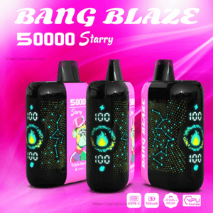 Three black-and-pink disposable vape devices labeled “Bang Blaze 50000 Starry” set against a bright pink background, showing glowing teal flame LED indicators, dotted constellation-style graphics, and a cartoon monkey flavor label.