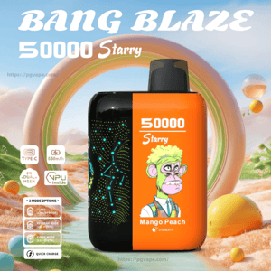 Promotional image of a Bang Blaze 50000 Starry disposable vape showing a black-and-orange rectangular device—left side black with blue starry circuit dots, right side orange with a green-haired cartoon ape and the text '50000 Starry Mango Peach'—set against a pastel landscape with a large circular ring, floating spheres and small feature icons.