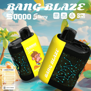 Two yellow-and-black Bang Blaze 50000 Starry disposable vape devices with constellation dot patterns and a cartoon monkey graphic set against a tropical beach background, showing icons for Type-C charging, 550mAh capacity, dual-mesh coil and mode/quick-charge options.