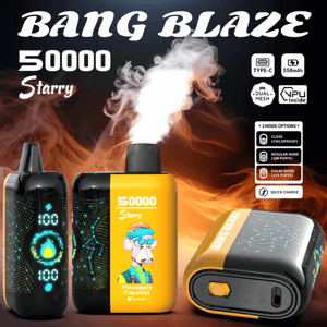 Three black-and-yellow Bang Blaze 50000 Starry disposable vape devices fronted by a central unit labeled “Pineapple Coconut” with a cartoon monkey, a plume of vapor rising from the mouthpiece, glowing digital displays, and small icons for Type‑C, 550mAh, dual‑mesh/NPU, and 3‑mode/quick‑charge options against a smoky orange flame background.