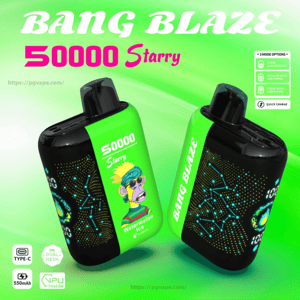 Two bright green-and-black Bang Blaze 50000 Starry disposable vape devices on a green gradient background, each decorated with starry constellation patterns; one shows a cartoon monkey in sunglasses with a 'Watermelon Ice' label, and small icons indicate mode options, Type-C charging and 550mAh/quick-charge features.