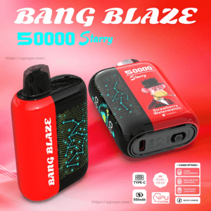 Two red-and-black Bang Blaze 50000 Starry disposable vape devices on a pink gradient background, one showing a dotted constellation pattern and the other labeled “50000 Starry” and “Strawberry Watermelon” with a cartoon character, with small icons indicating Type-C charging, 550mAh and mode options.