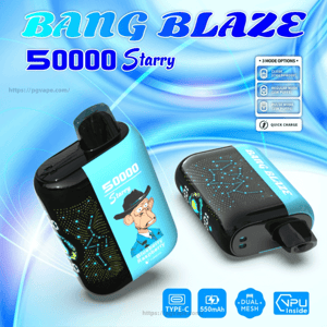 Two blue-and-black Bang Blaze 50000 Starry disposable vape devices on a swirling blue background, showing a cartoon monkey labeled 'Blueberry Raspberry', constellation-style dot patterns, the product name and icons for Type-C, 550mAh battery, dual mesh, NPU inside, and three-mode/quick-charge features.