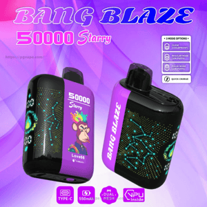 Two purple-and-black 'Bang Blaze 50000 Starry' vape devices on a purple gradient background — one face shows a colorful cartoon ape labeled 'Love66' and the other displays glowing constellation-style dot patterns and an LED readout, with surrounding text and icons noting Type-C charging, 550mAh battery, dual mesh/VPU inside and three mode options including childproof, regular and pulse modes.
