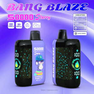 Two purple-and-black Bang Blaze 50000 Starry disposable vape devices shown front and back on a purple gradient background, featuring LED flame and constellation-style light patterns, digital battery indicators and the flavor label 'Cranberry Grape Ice' alongside small icons for Type-C charging and mode options.