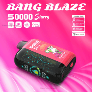 Bright pink advertisement featuring a Bang Blaze 50000 Starry disposable vape device with black-and-pink casing, a cartoon frog labeled Peach Ice, a small LED side display, icons for Type-C, 550mAh, dual-mesh and VPU, and a three-mode options panel.