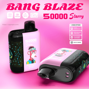 Two pink-and-black Bang Blaze 50000 Starry disposable vape devices on a pink background, one upright and one on its side, showing a cartoon bandana-wearing monkey with 'Strawberry Mango' flavor text, constellation-style LED patterns, and visible branding and mode/charging icons.