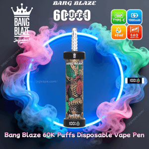 Centered ornate Bang Blaze disposable vape pen with clear mouthpiece displayed in front of a neon blue circular ring and swirling pink, blue and green smoke, surrounded by icons indicating Type-C charging, 1000 mAh battery, 40 ml capacity and 0.6Ω mesh coil, with text advertising 60K puffs.