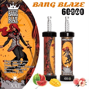 Two ornate cylindrical disposable vape devices with black caps and clear mouthpieces wrapped in red-and-orange dragon-and-figure artwork labeled Bang Blaze Peach Mango Watermelon, shown next to illustrations of watermelon slices, mango pieces and peaches and a product panel listing specifications.
