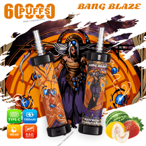 Two orange-and-purple Bang Blaze disposable vape devices featuring fantasy goddess artwork against a circular cosmic backdrop, with product icons for Type-C, 1000mAh, 40ml and 0.6Ω mesh coil, '6 Puffs' and 'Bang Blaze' branding at the top, and watermelon, cantaloupe and strawberry images at the lower right.