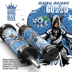 Two blue patterned disposable vape devices with clear mouthpieces shown against matching packaging art featuring blueberries, a stylized winged warrior illustration, the 'Bang Blaze' crown logo and printed specs reading 60,000 puffs, 40 ml e-liquid capacity and 1000 mAh battery.