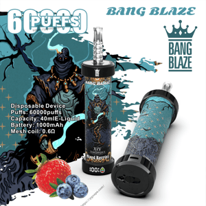 Advertisement for Bang Blaze 'Mixed Berries' disposable vape featuring two teal-and-black cylindrical devices with a crowned logo and fantasy hooded-creature artwork, large 