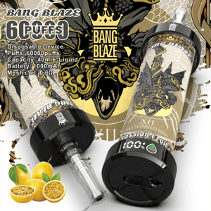 Two ornate Bang Blaze disposable vape devices lying on an illustrated gold-and-black background, showing decorative tarot-style artwork, a prominent 