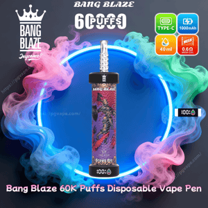 Colorful Bang Blaze disposable vape pen centered in a glowing blue ring surrounded by pink and green vapor, showing artwork on the device and icons for 60,000 puffs, Type‑C charging, 1000mAh battery, 40ml e‑liquid and 0.6Ω mesh coil.