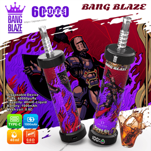 Two cylindrical Bang Blaze disposable vape devices with clear spiral mouthpieces, red-and-purple flame and armored-knight artwork, 60,000-puffs branding and product icons showing Type-C charging, 1000mAh battery, 40ml e-liquid and 0.6Ω mesh coil, with a crown logo and a splash of brown ale in the corner