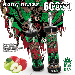 Two Bang Blaze cylindrical disposable vape devices with black caps and clear mouthpieces, wrapped in red-and-green demonic artwork and labeled 60000 puffs and Double Apple, shown on a white background next to red and green apples and small product specs.