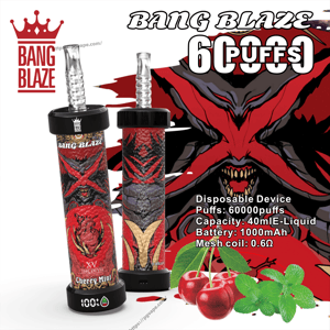 Two red-and-black Bang Blaze disposable vape devices with demonic artwork standing side by side, framed by bold branding and a large puff-count claim, with cherries and mint leaves at the base and product specs listing puff count, 40 ml e-liquid capacity, 1000 mAh battery and 0.6 Ω mesh coil.