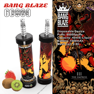 Two cylindrical Bang Blaze 'III The Empress' disposable vape devices with red-and-black fantasy artwork, shown with strawberries and sliced kiwi, and a vertical brand panel listing specs: 60,000 puffs, 40 mL e-liquid capacity, 1000 mAh battery and 0.6Ω mesh coil.