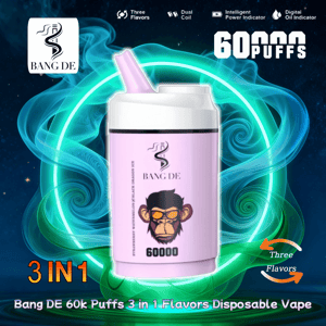 Pink Bang DE wegwerpvapeblikje met gekanteld mondstuk en aaplogo met het opschrift 60000, afgezet tegen groen-blauwe wervelende neonringen met tekst en pictogrammen die reclame maken voor 60k trekjes en een 3-in-1-functie met drie smaken.