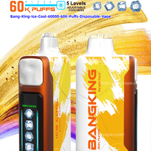 Two orange-and-white Bangking “Ice Cool” disposable vape devices shown front and back on a yellow brushstroke background, with large text advertising 60K puffs, ice-cube icons and “5 levels adjustable coolness,” a small digital sweetness/power display on the front device, and product specs listed at the bottom.