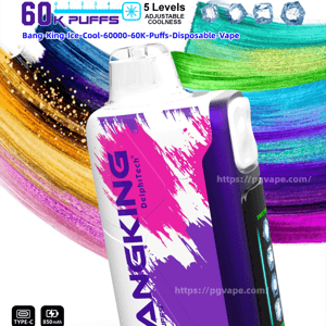 Close-up promotional image of a white and purple BangKing “Ice Cool” disposable vape device set against colorful paint-swipe background, featuring bold BANGKING branding, “60K PUFFS” and “5 levels adjustable coolness” icons, ice-cube illustrations, and small spec icons for Type-C, 850mAh and 25ml.