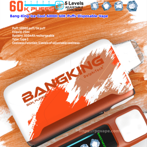 Advertisement poster showing two orange-and-white BANGKING “Ice Cool” disposable vape devices on a brushed orange background, with large “60K puffs” text, five-level adjustable coolness icons with ice cubes, and small tech-spec icons for Type‑C, 850mAh battery and 25ml e-liquid.