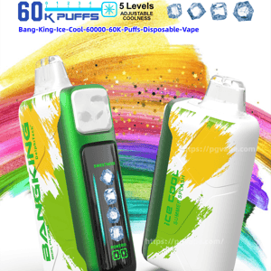 Promotional poster for BangKing Ice Cool disposable vape showing two green-and-white devices against a colorful brushstroke background, highlighting 60K puffs, five-level adjustable coolness with ice-cube icons, and product specs including 25ml e-liquid, 850mAh rechargeable battery and Type-C charging.