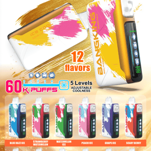 Colorful poster advertising the Bangking “Ice Cool” disposable vape, showing two large white-and-gold devices, product specs (25 ml e-liquid, 850 mAh rechargeable battery, Type‑C charging, 5 adjustable coolness levels and up to 60K puffs) and a grid of 12 smaller brightly patterned devices labeled with flavors like Blue Razz Ice, Strawberry Watermelon, Watermelon Ice, Peach Ice, Grape Ice, Scary Berry, Cherry Strazz, Mango Magic, Strawberry Dragonfruit, Tigers Blood, Summer Splash and Sour Lush Gummy.