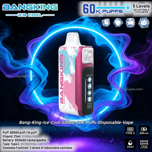 Bright advertisement showing a pink and white BangKing 'Ice Cool' disposable vape device centered inside a glowing blue and purple neon ring, with text calling out 60K puffs and 5 levels of adjustable coolness and icons for Type‑C charging, 850mAh battery and 25ml e‑liquid.