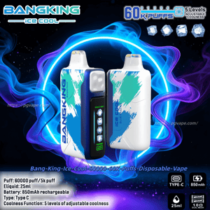 Två Bangking Ice Cool engångsvape-enheter med vita kroppar och krickblå färg-stänk-accenter, varav en visar en digital display och LED-ikoner på framsidan, mot en glödande blå och lila rökringbakgrund med textreklam på 60K puffar, 5 nivåer av justerbar kyla, Type-C-laddning, 850 mAh batteri och 250 mAh.