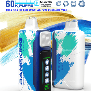Two white-and-blue BangKing Ice Cool disposable vape devices with aqua brushstroke graphics shown against a painted background, with branding and labels highlighting 60K puffs, 5 levels of adjustable coolness (ice cube icons), and specs like 25 ml e-liquid, 850 mAh rechargeable battery and Type-C charging.