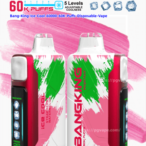Advertisement showing two white devices with pink and green brushstroke designs labeled BANGKING Ice Cool—front and back views of a disposable vape on a pink painted background, with text and icons noting 60K puffs, 5 levels of adjustable coolness (ice cube icons), flavor Strawberry Watermelon, and small symbols for Type‑C charging, 850 mAh battery and 25 ml e-liquid.