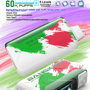Promotional poster for the BangKing “Ice Cool” disposable vape showing two green-white-red splash-pattern devices with a digital display and ice icons, labeled 60K puffs, 5 adjustable coolness levels, Type‑C charging, 850mAh battery and 25ml e-liquid.
