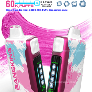 Promotional poster for BangKing Ice Cool disposable vape showing two pink-and-white devices with front LED panels displaying stacked ice icons and sweetness/power indicators, large logo and text advertising 60K puffs and 5 levels of adjustable coolness, plus icons for 25 ml e-liquid, Type‑C charging and 850 mAh battery against a pink paint-swipe background.