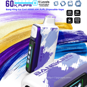 Promotional poster for BangKing Ice Cool disposable vape showing two white-and-purple devices with an LED panel, bold logo at top, and callouts for 60K puffs, 5 adjustable coolness levels with ice icons, Type-C charging, 850mAh battery and 25ml e-liquid set against blue, purple and gold brushstroke background