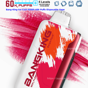 White-and-red BangKing “Ice Cool” disposable vape with paint-splash graphics shown at an angle alongside text and icons claiming 60K puffs, five-level adjustable coolness, Type-C charging, 850mAh battery and 25ml e-liquid.