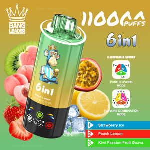 Green-to-yellow 6-in-1 disposable vape device with a crowned ape logo, digital display and '11000 puffs' text, shown amid peaches, kiwi, passion fruit, lemon, strawberries and ice, with flavor labels 'Strawberry Ice', 'Peach Lemon' and 'Kiwi Passion Fruit Guava'.